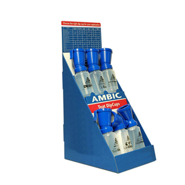 a blue display stand box with 6 plastic bottles