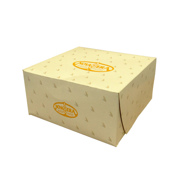 a yellow bakery box with a logo on it