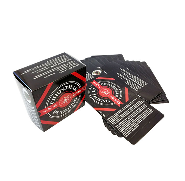 black tuck end bakery boxes with red and white text design