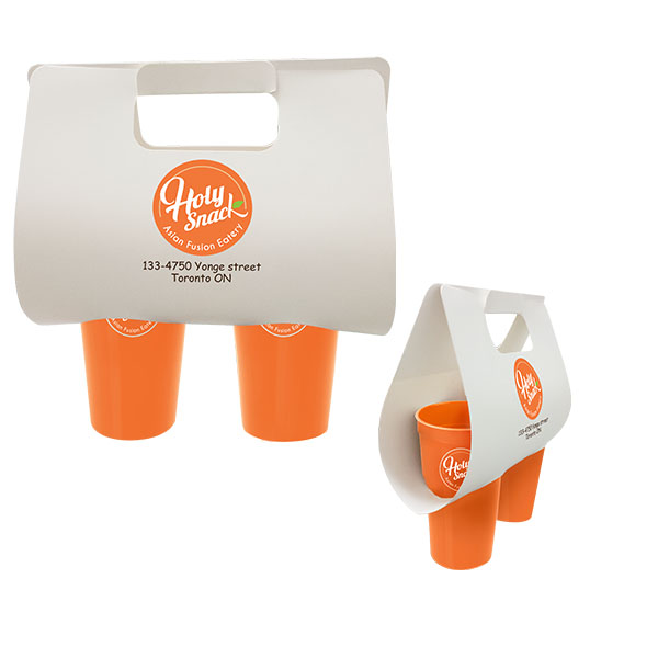 two orange cups in a white cup carrier