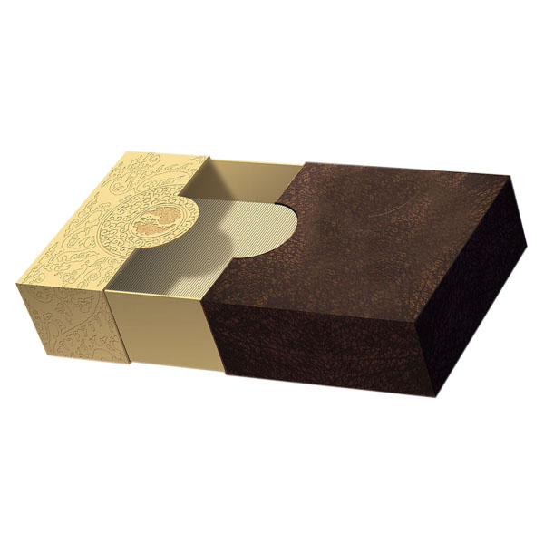 a die-cut tray and sleeve rigid box with brown and gold design