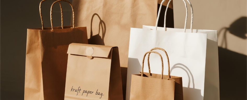 Flat lay of brown and white kraft paper bags with twisted and flat handles, showcasing various sizes and custom logo printing options for retail and eco-friendly packaging.