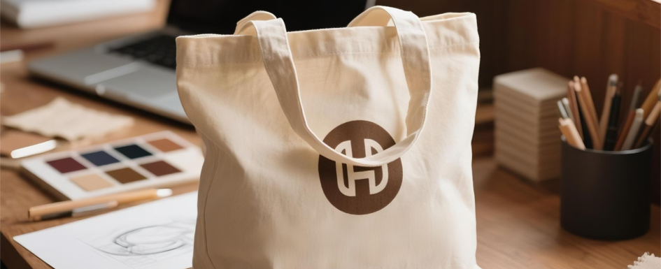 Close-up of a custom reusable canvas tote bag with printed logo on a wooden table, surrounded by marketing materials and design sketches, highlighting branding and sustainability.