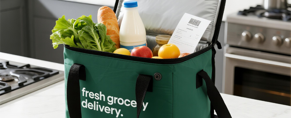 Reusable insulated thermal bag with custom logo on a kitchen countertop, filled with fresh groceries like milk, vegetables, and bread.