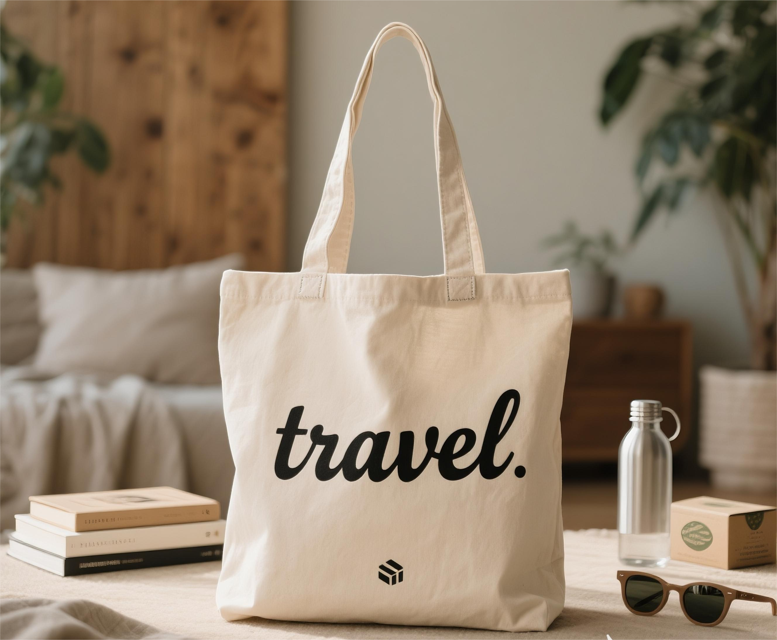 Detailed tabletop display of a luxury canvas tote bag featuring a "travel" text pattern, with reinforced handles and earthy tones, accessorized with lifestyle props against a natural setting.