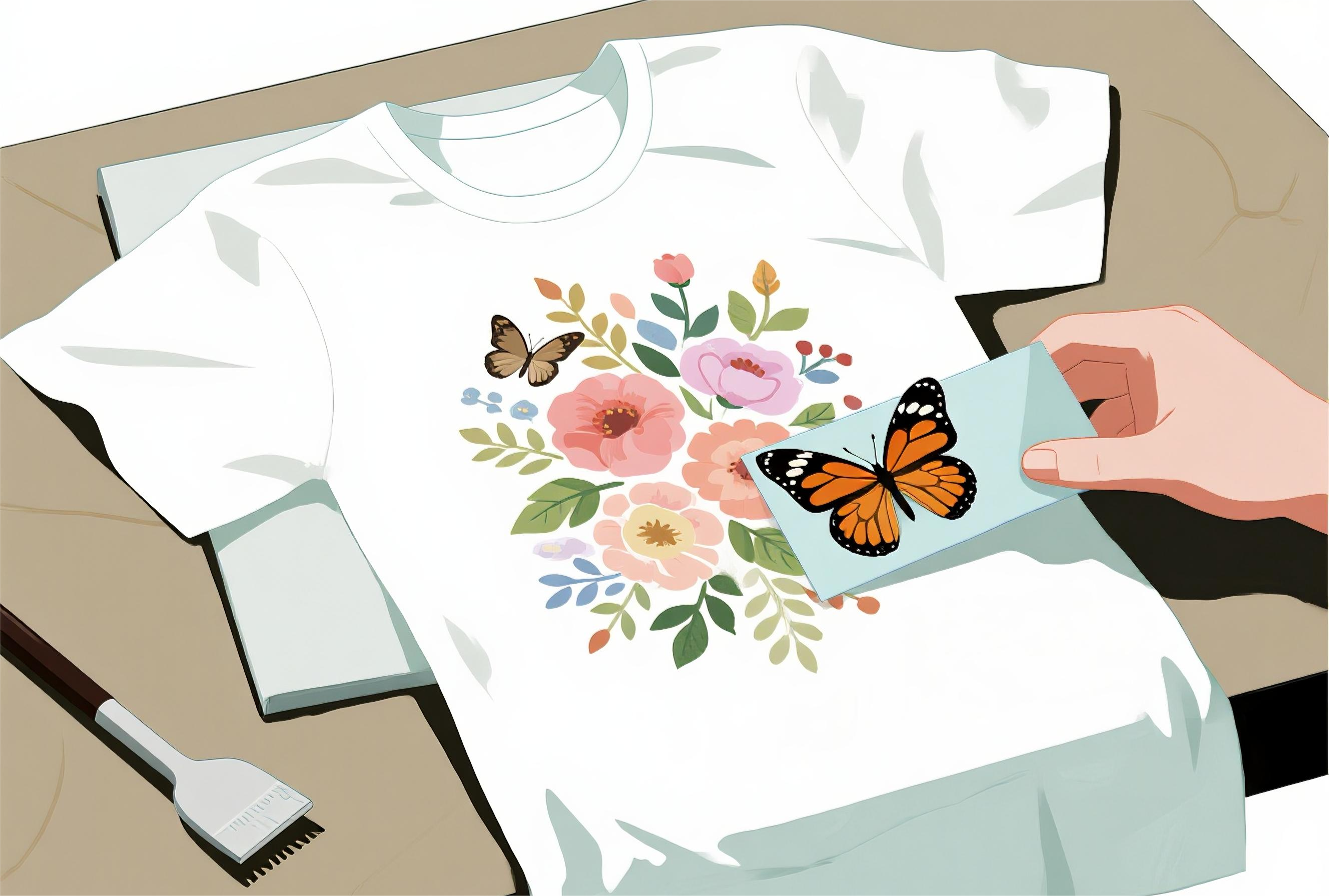 White T-shirt with a flower DTF design and hand-applied transfer sheet on a clean surface