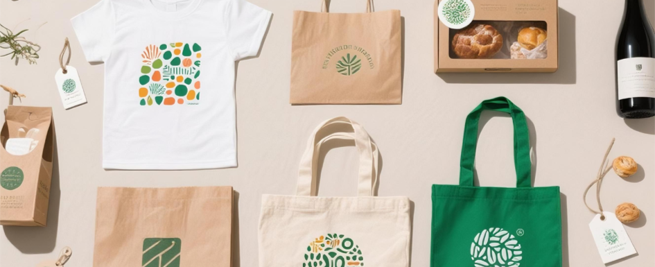 A flat lay of eco-friendly custom bags, including T-shirt bags, kraft paper shopping bags, canvas totes, and reusable packaging, displayed on a neutral surface.
