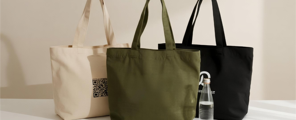 Canvas tote bags in various colors displayed in a stylish flat lay setting for promotional branding.