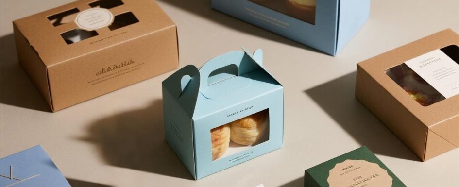 Modern flat lay of custom-printed packaging boxes and branded bags on a neutral background, showcasing eco-friendly packaging in Canada.