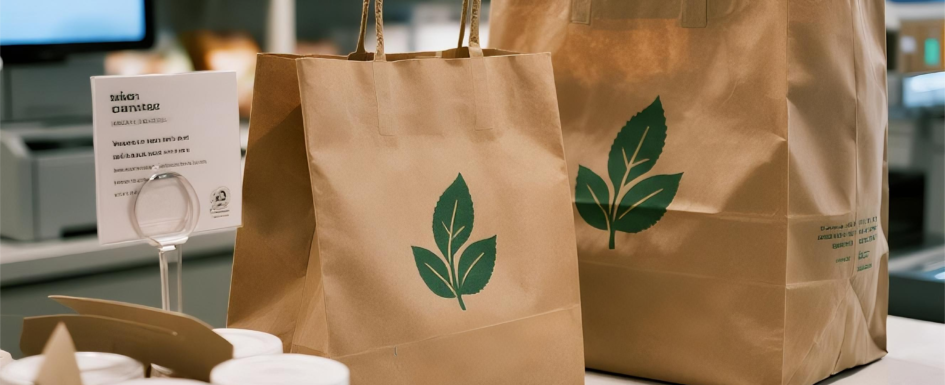 Reusable canvas and kraft paper bags promoting eco-friendly packaging on a retail shelf