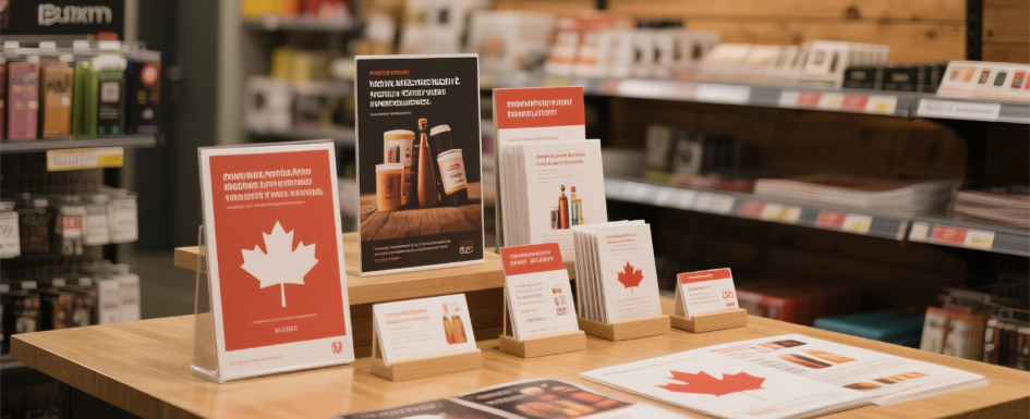 Custom-printed advertising items are placed on a table in a retail outlet, including flyers, posters, and folded pamphlets.