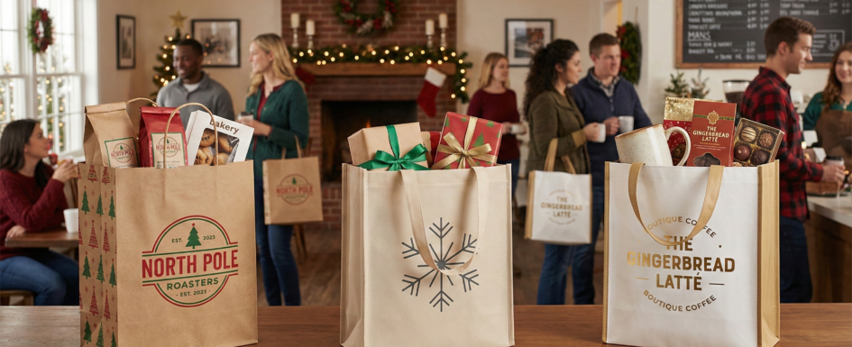 Customized Christmas gift bags and branded coffee shop totes filled with holiday treats